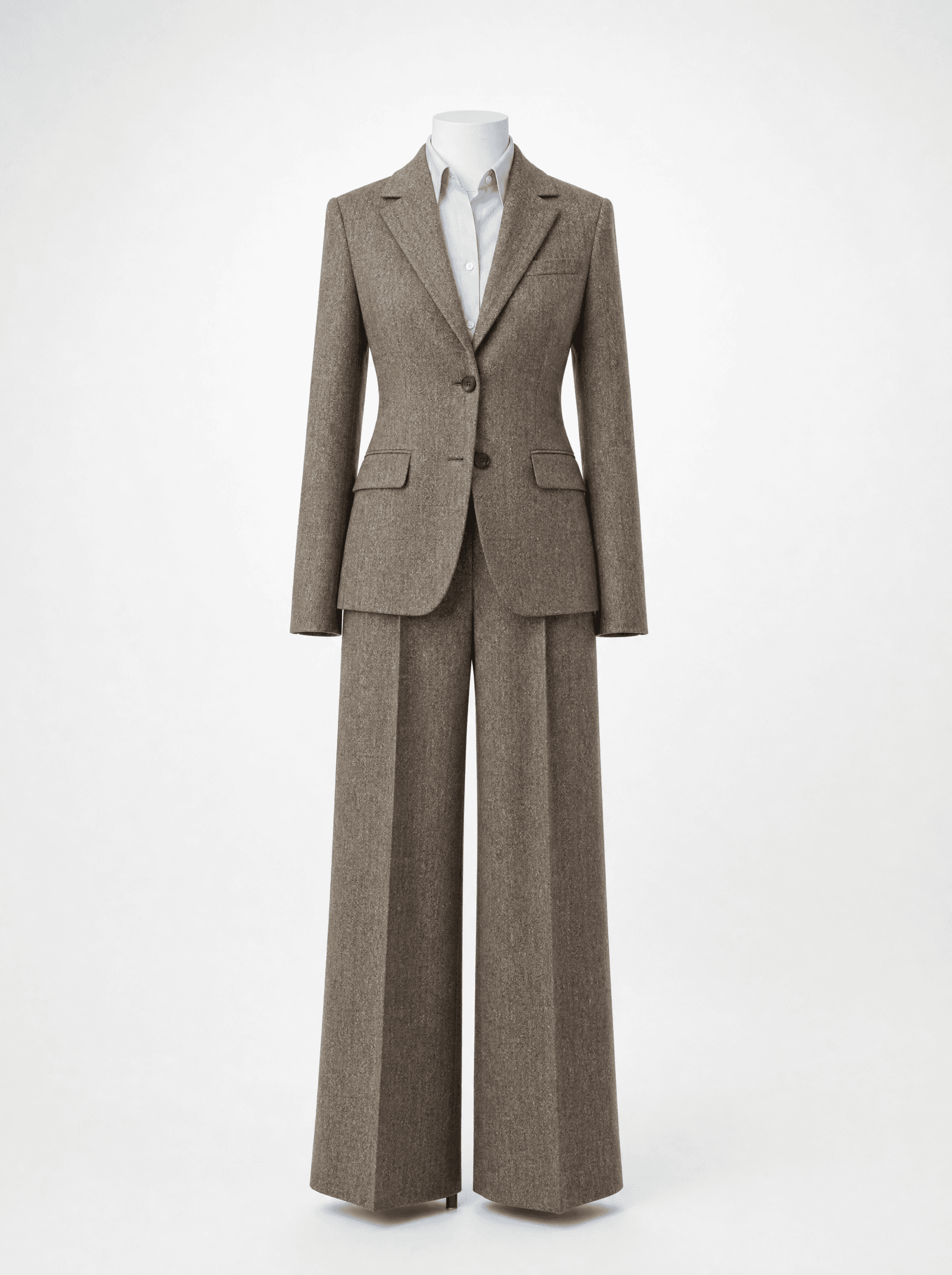 Garment-flatlay: paspop met wol-melange blazer en bijbehorende pleated pantalon
